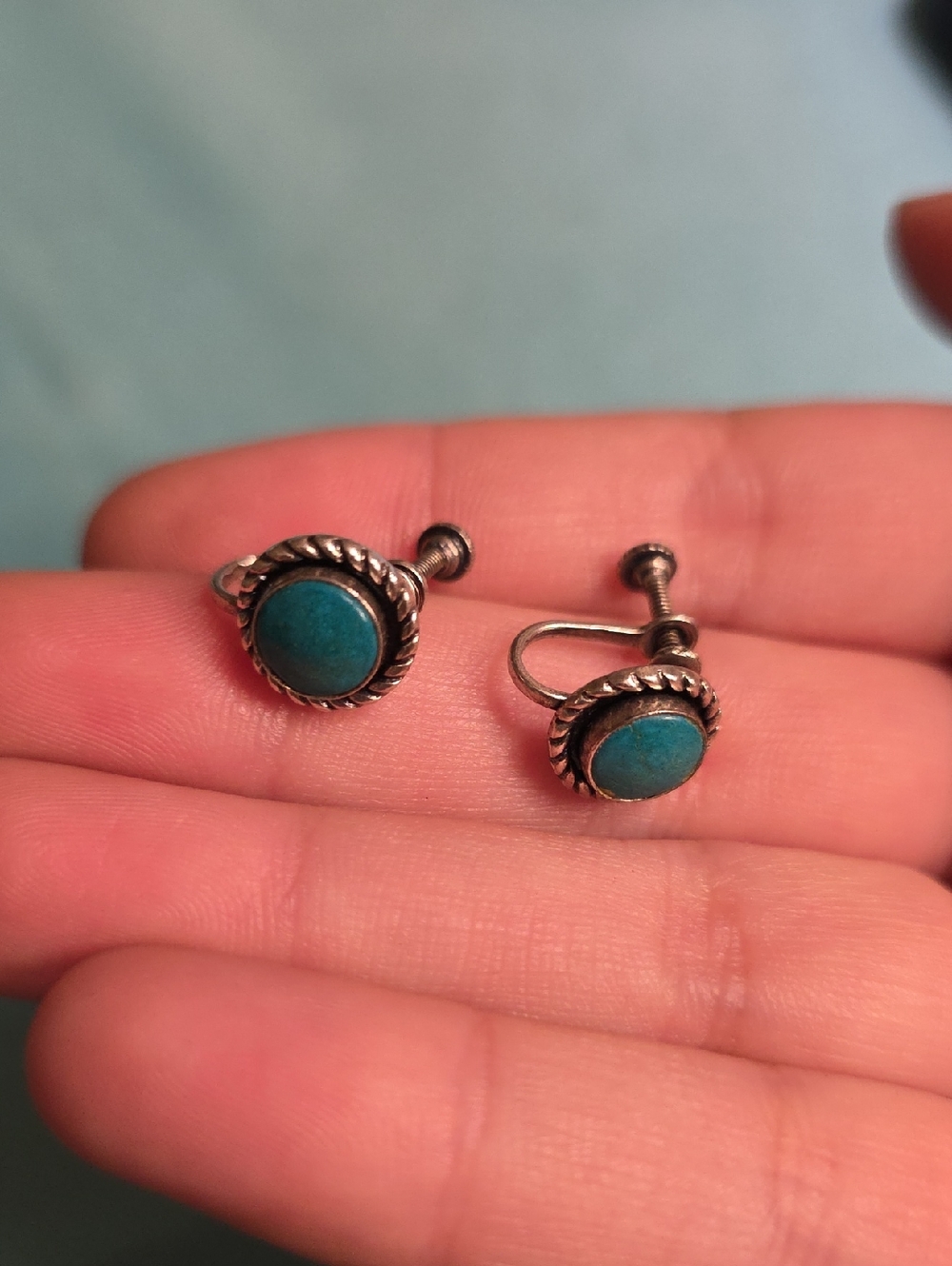 Silvertone Turquoise Screw-Back Earrings - Blue
